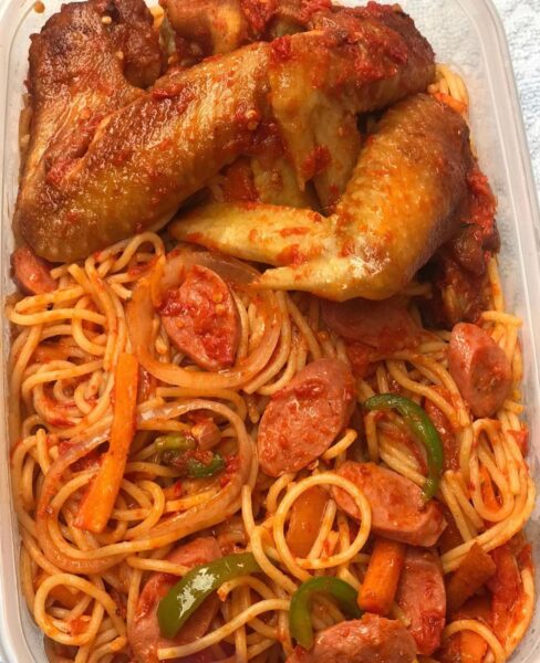 Stir Fried Spaghetti And Peppered Chicken